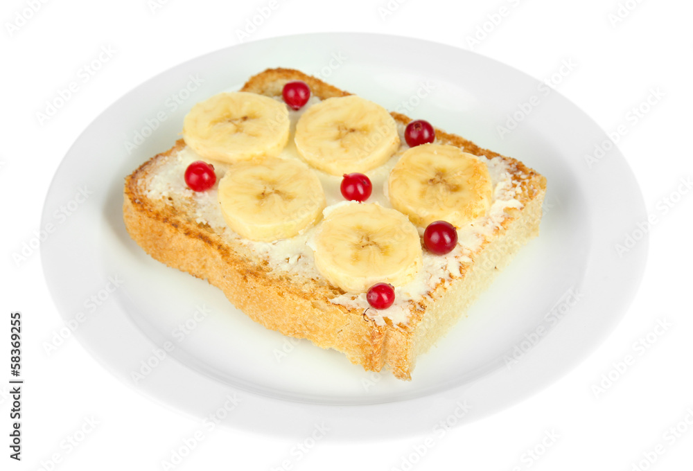 Delicious toast with bananas isolated on white Delicious toast with bananas isolated on white