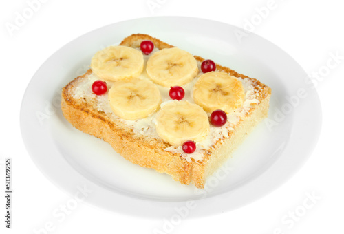 Delicious toast with bananas isolated on white