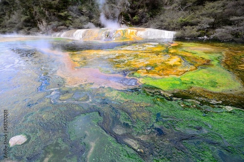 Steaming geo-thermal crater and lake in Waimangu Thermal Park