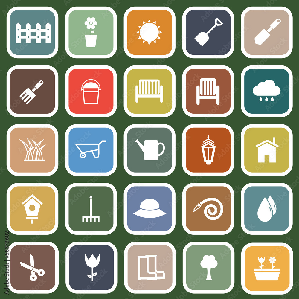 Gardening flat icons on green background