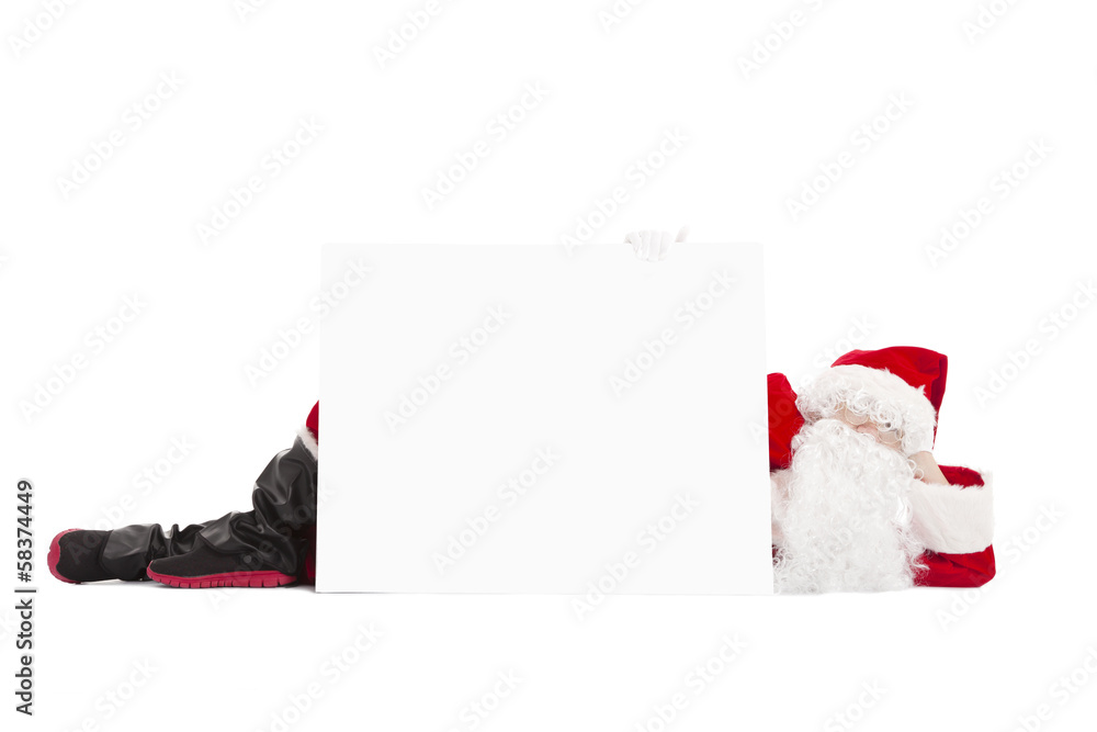 happy Santa Claus lying with blank banner happy Santa Claus lying with blank banner