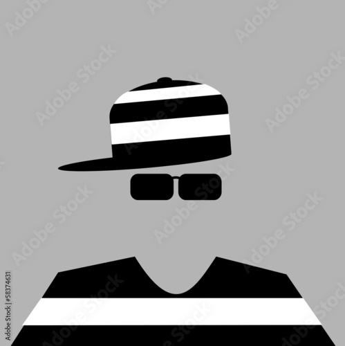 convict wearing prison stripes and baseball cap