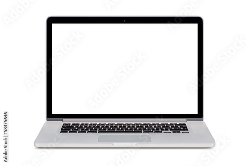 Front view of a modern laptop with a white screen and an English