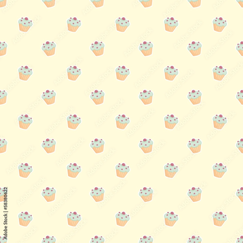 Seamless vector pattern with cupcakes on yellow background