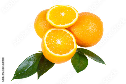 orange fruit with leaves isolated on white background