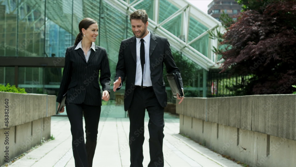 Outdoors Downtown Meeting Caucasian Business Managers Outdoors Downtown Meeting Caucasian Business Managers
