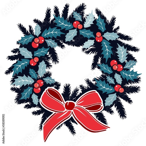 Christmas wreath with holly berries, ribbon on evergreen, vector