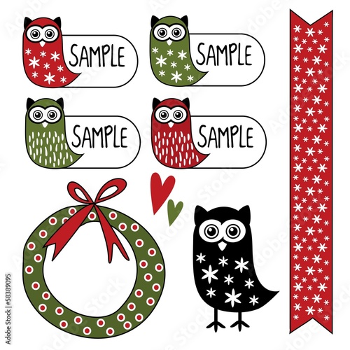 Cute set of gift tags, labels, stickers with owl, vector