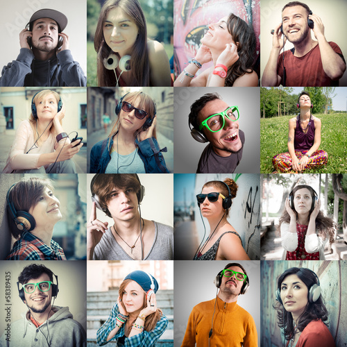Konstfotografi collage of group various people listening to music