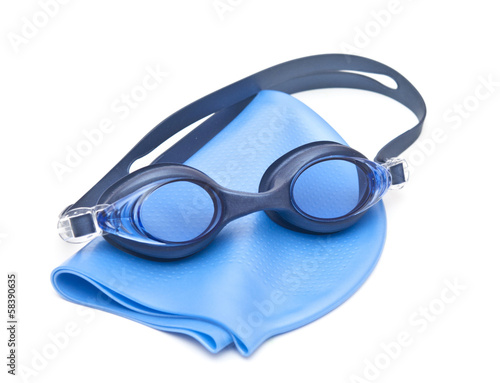 Blue swimming cap and goggles