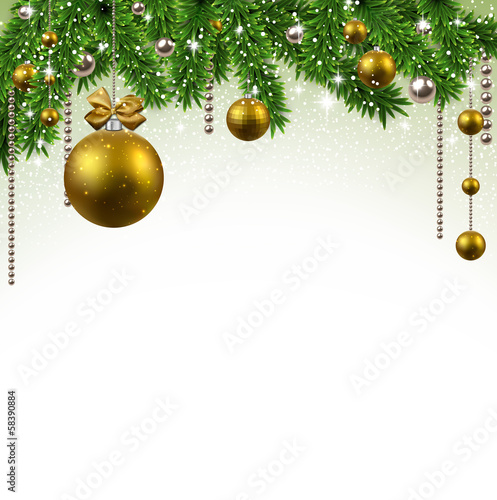 Christmas background with fir branches and balls.