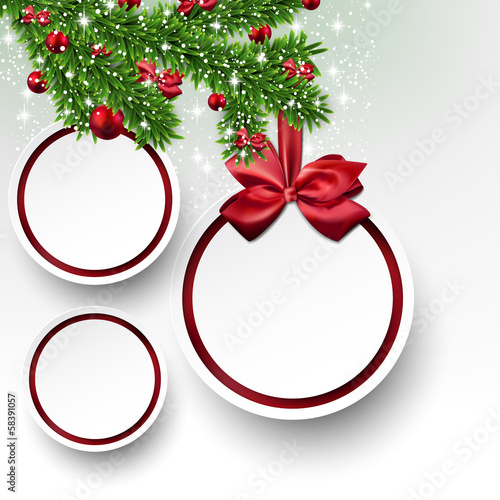 Christmas background with fir branches and balls.