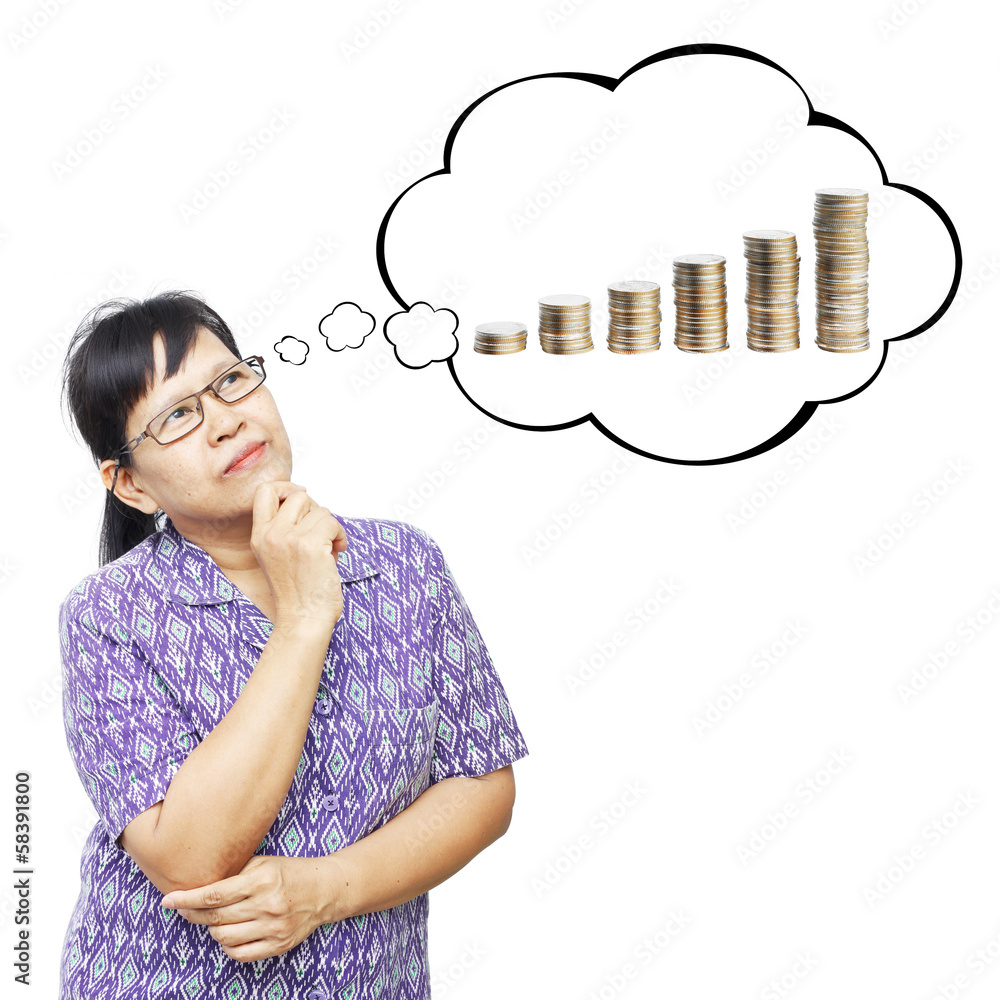 Thinking Asia woman looking up on thought bubble of Columns coin Thinking Asia woman looking up on thought bubble of Columns coin