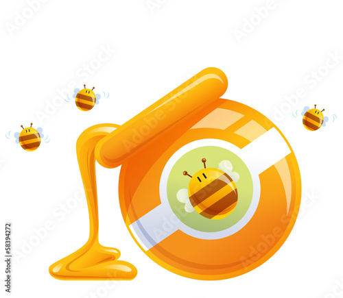 Cartoon natural orange honey in jar dropping and bees