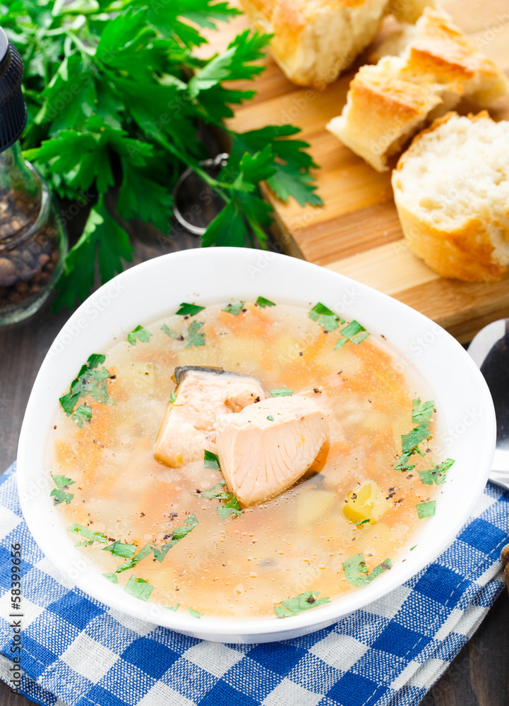 Healthy fish soup made of salmon