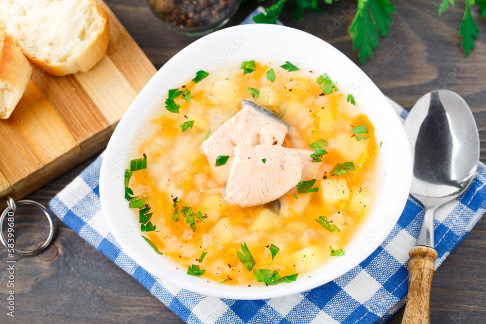 Healthy fish soup made of salmon