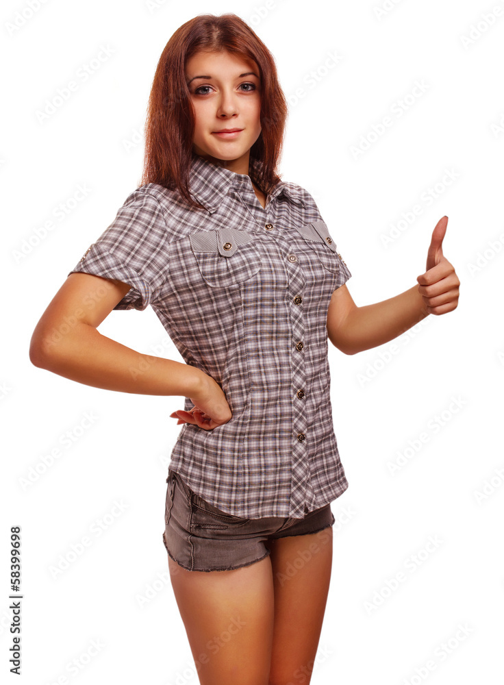 happy woman young girl shows positive sign thumbs yes, shirt sho happy woman young girl shows positive sign thumbs yes, shirt sho