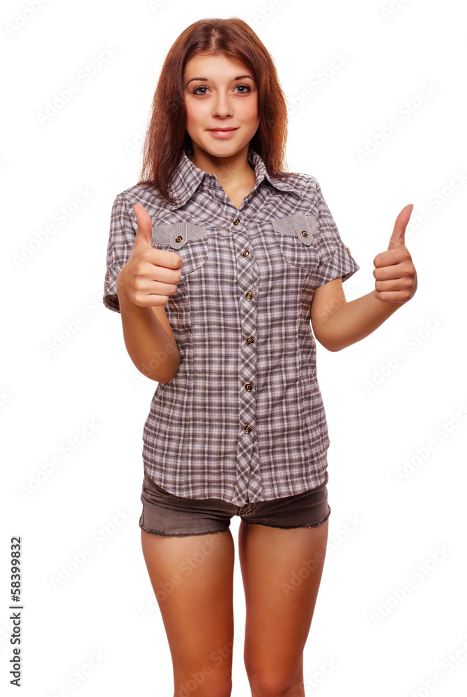 woman brunette young girl shows positive sign thumbs yes, shirt woman brunette young girl shows positive sign thumbs yes, shirt