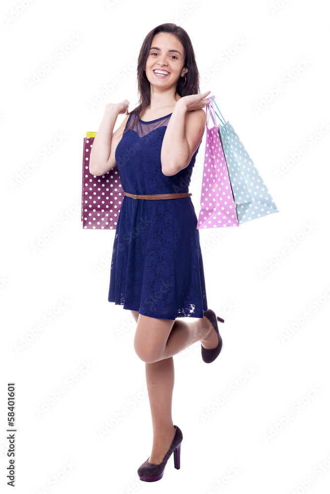 Picture of lovely woman with shopping bags, isolated on white Picture of lovely woman with shopping bags, isolated on white