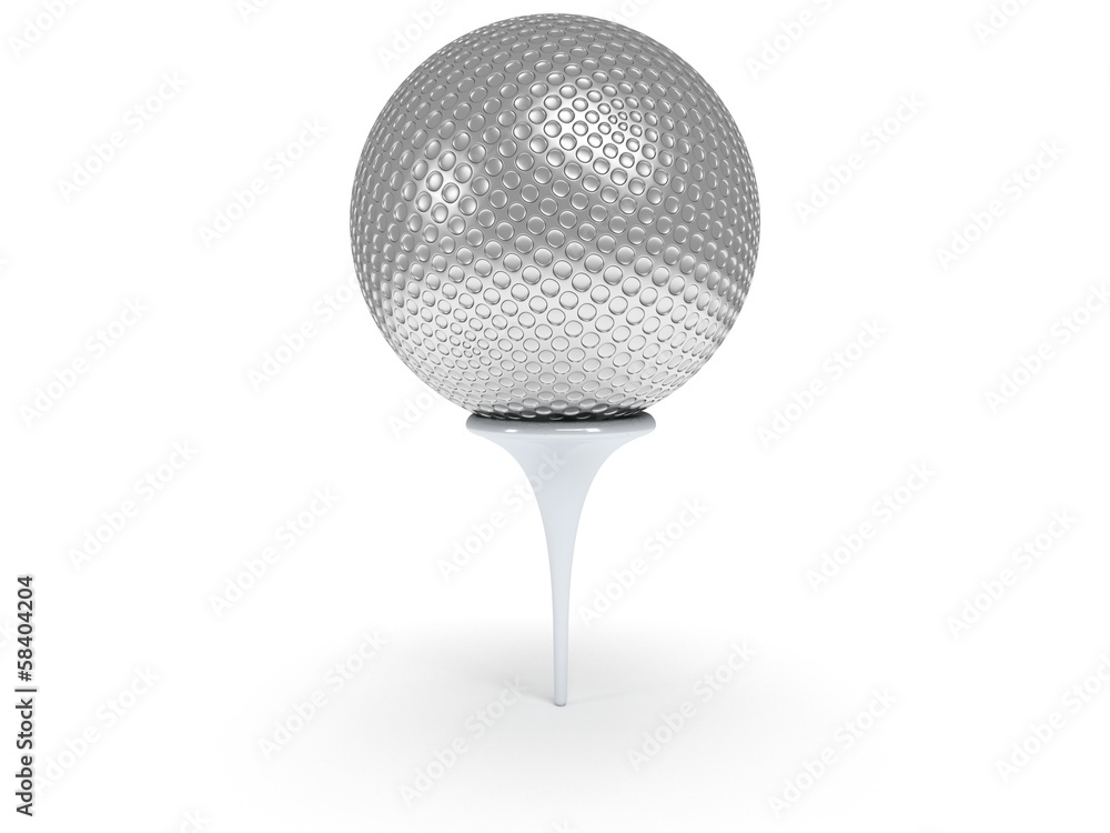 Silver golf ball on tee isolated on white. 3d. Silver golf ball on tee isolated on white. 3d.