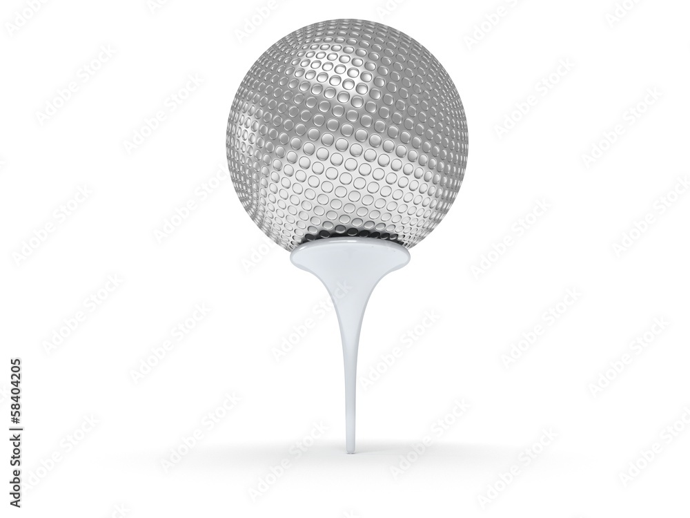 Silver golf ball on tee isolated on white. 3d. Silver golf ball on tee isolated on white. 3d.