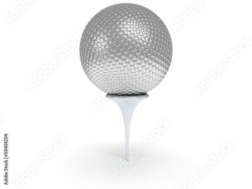 Silver golf ball on tee isolated on white. 3d.