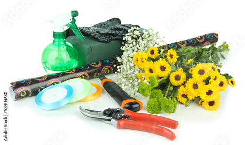 Composition with florist tools isolated on white photo