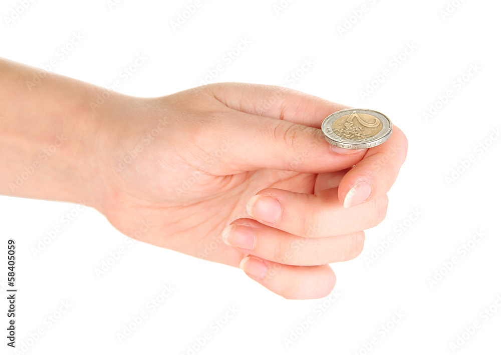 Hand of woman flipping coin isolated on white