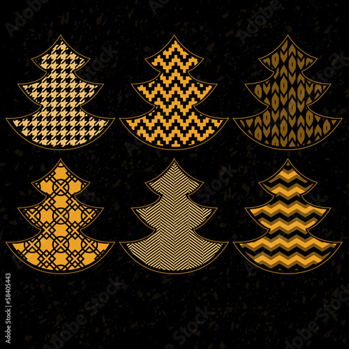 Golden patterned christmas trees on black collection, vector
