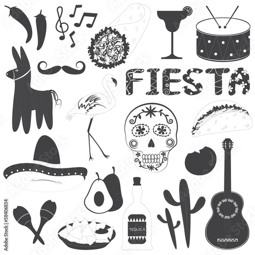 Mexican Party Icons Vector Illustrations Set