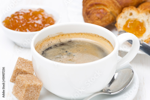 cup of black coffee, fresh croissants and jam