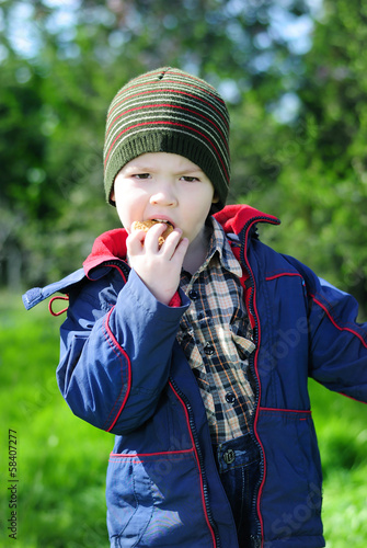 little boy on a green meadow photo