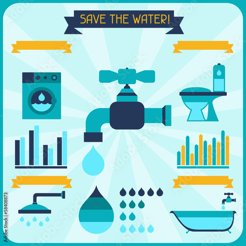 Save the water. Poster with infographics in flat style.