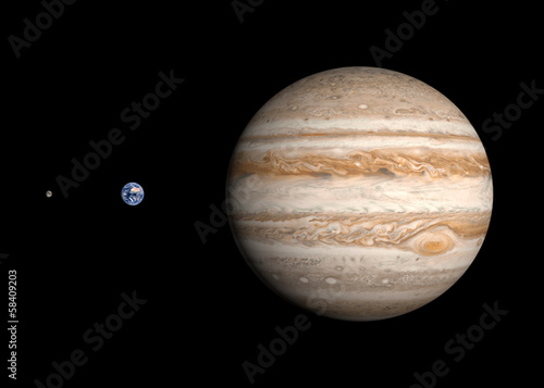 Planets Earth and Jupiter and the Moon