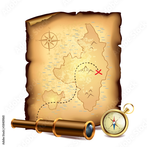 Pirates treasure map with spyglass and compass
