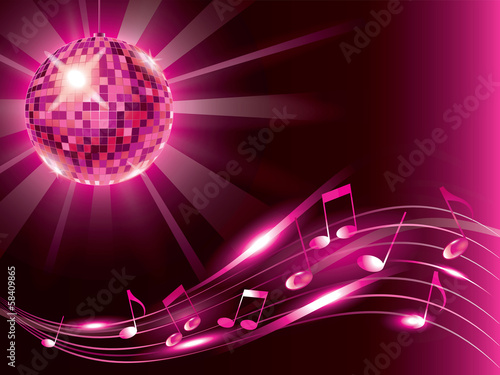 Music background with disco ball and notes