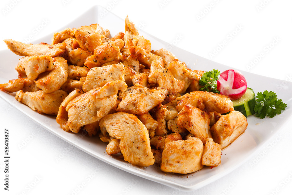 Grilled meat and vegetables on white background Grilled meat and vegetables on white background
