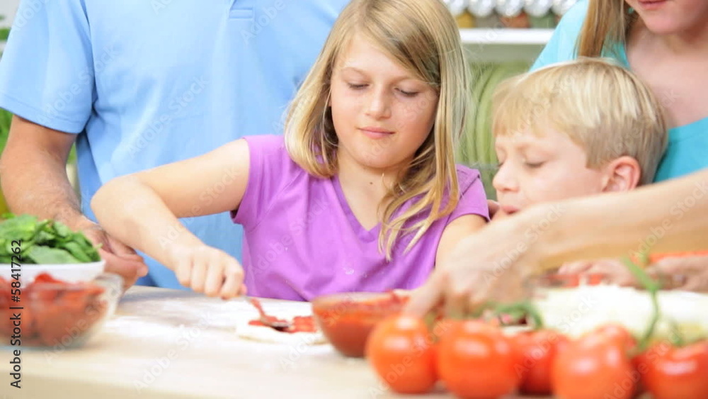 Blonde Caucasian Family Preparing Homemade Pizza Lunch Blonde Caucasian Family Preparing Homemade Pizza Lunch