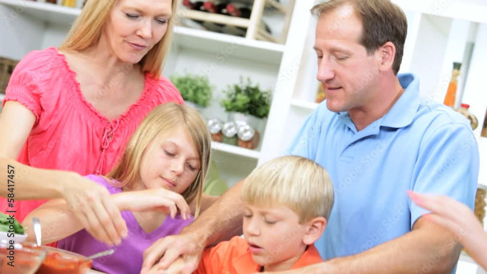 Blonde Caucasian Family Preparing Homemade Pizza Lunch Blonde Caucasian Family Preparing Homemade Pizza Lunch