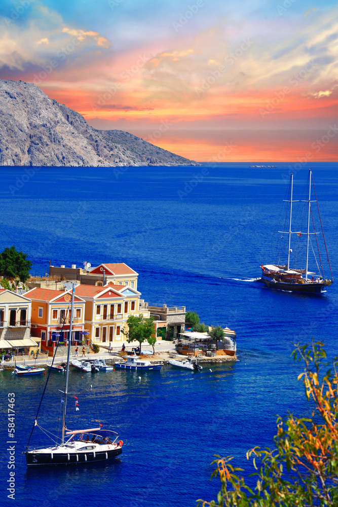 sailing in Greek islands. Symi. Dodecanes - obrazy, fototapety, plakaty 