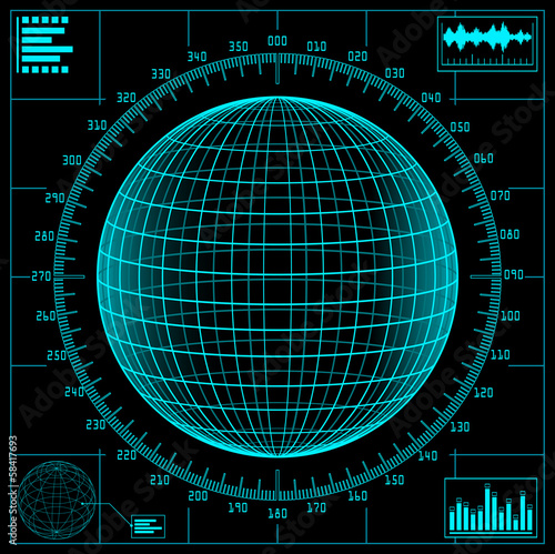 Radar screen. Digital globe with scale.