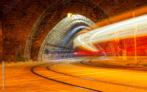  tram drives in the tunnel at night, long endurance