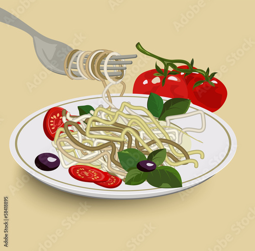 Spaghetti on fork with tomato slices and olives