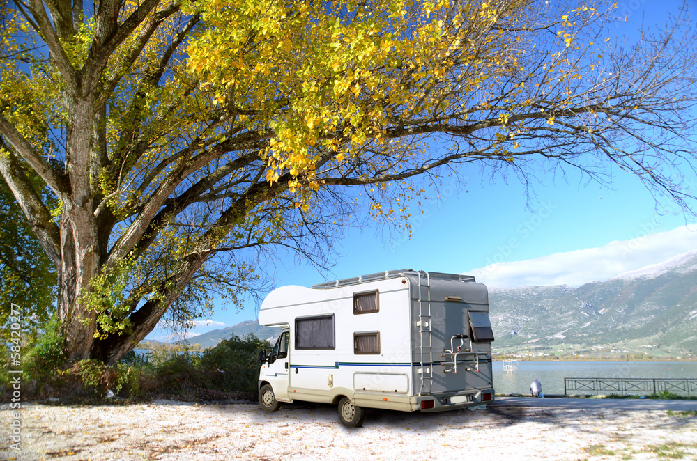 car caravan yellow tree  - autumn season