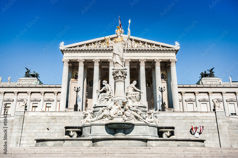 Austrian parliament with Pallas Athena statue in Vienna, Austria