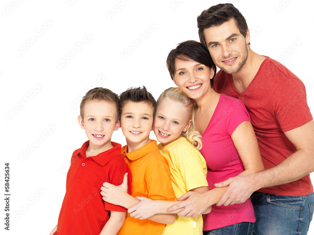 Happy family with children standing together in line Happy family with children standing together in line