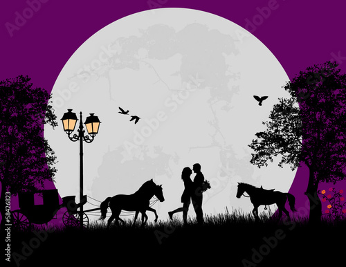 Carriage and lovers at night