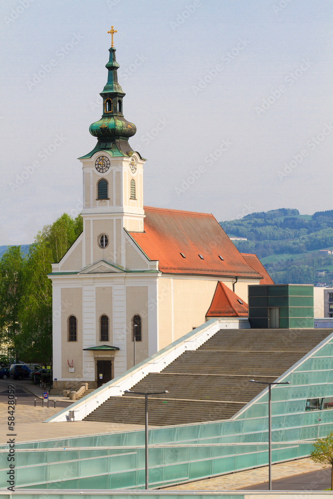 Linz - Urfahr Parish church with modern staircase, Austria