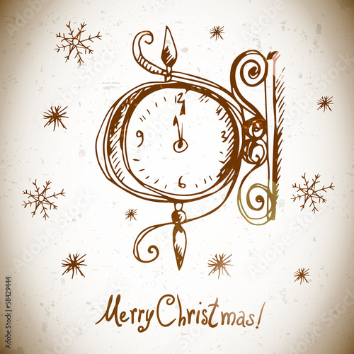 Hand-drawn vintage greeting card with clock