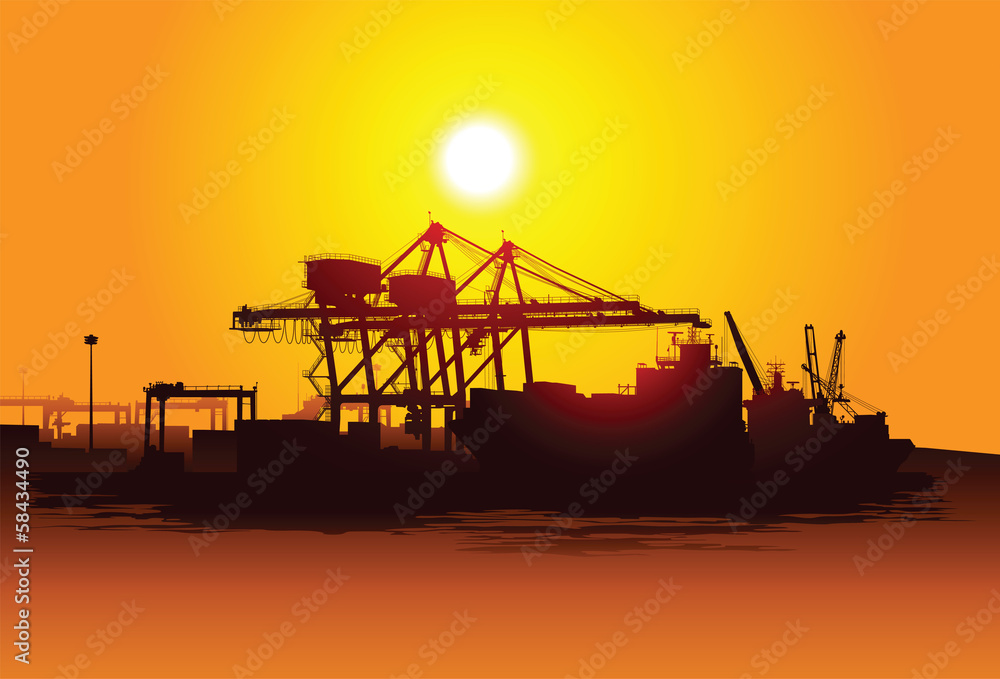 Industrial harbor, ships, crane seashore Industrial harbor, ships, crane seashore